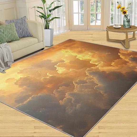 Warm Orange Sky Rugs for Bedroom, Cloud Art Area Rug, Warm Cloud Print Rugs for Living Room, Indoor Non-Slip Rug, Machine Washable Carpet for Front Entrance Floor Decor 2 x 3ft