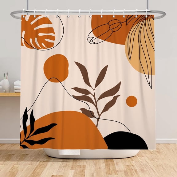 Warm Orange Tropical Leaves Sun Mountain Shower Curtain for Bathroom Waterproof Fabric Black Khaki Leaves Minimalism Floral Lines Bathtub Curtains for Kids Girls with Hooks 72x72 inches