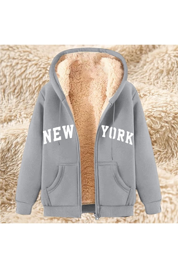 Warm Oversized Fleece Letter Coat for Women Cute Y2K Hooded Zip Up Jacket Winter Casual Solid Color Drawstring Long Sleeve Coat with Pockets