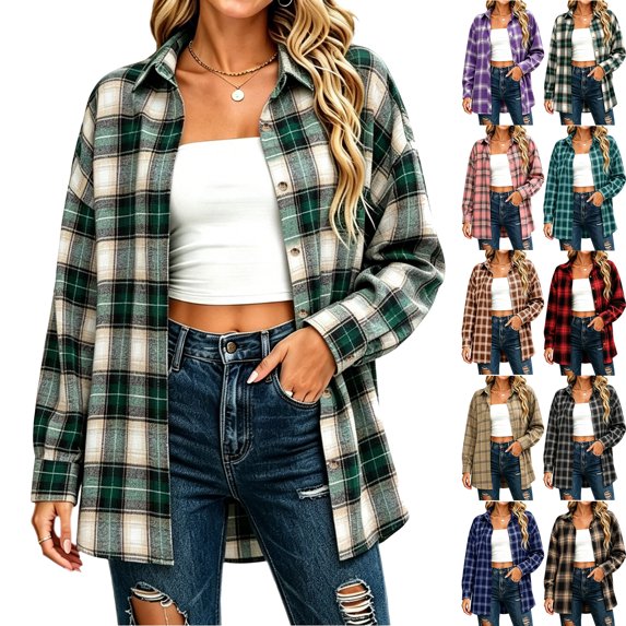 Warm Oversized Plaid Jackets for Women Lapel Button Jacket Fall and Winter Long Sleeved Top