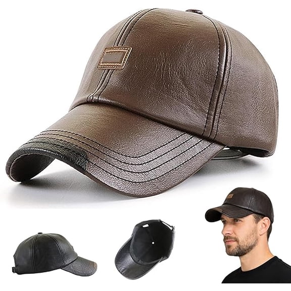 Warm PU Leather Baseball Cap with Fleece Lining, Adjustable Flat Top Winter Hat for Men, Windproof Cold Weather Cap for Outdoor Travel Daily Wear (K)