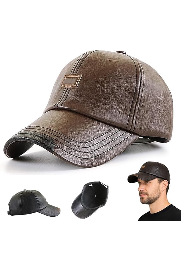 Warm PU Leather Baseball Cap with Fleece Lining, Adjustable Flat Top Winter Hat for Men, Windproof Cold Weather Cap for Outdoor Travel Daily Wear (K)