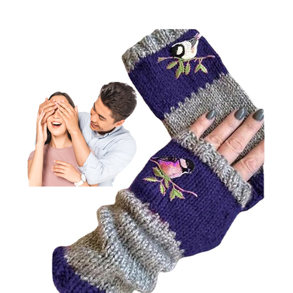 Warm Patchwork Embroidered Fingerless Gloves with Vintage Knitted Design and Bird Embroidery , Cat Embroidery Splicing Knitted Gloves