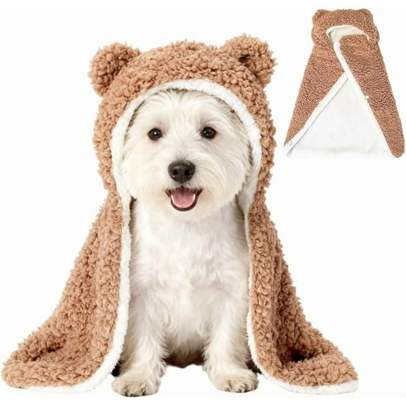 Warm Pet Cape Blanket with Hood, Cozy Pet Wearable Blanket for Small Medium Dogs & Cats, Winter Cloak Coat for Puppy Kitten, Size Small to Large (Brown, L)