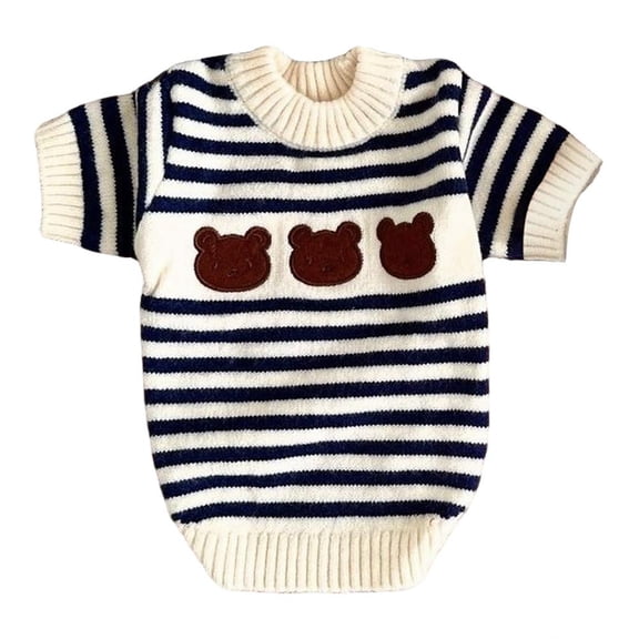 Warm Pet Knitted Sweater, Stretchy Knit Yarn, Navy Blue Striped, Size S