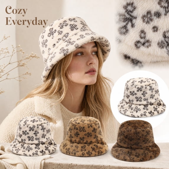 Warm Plush Bucket Hat for Women Fuzzy Faux Fur Fisherman Cap Printed ...