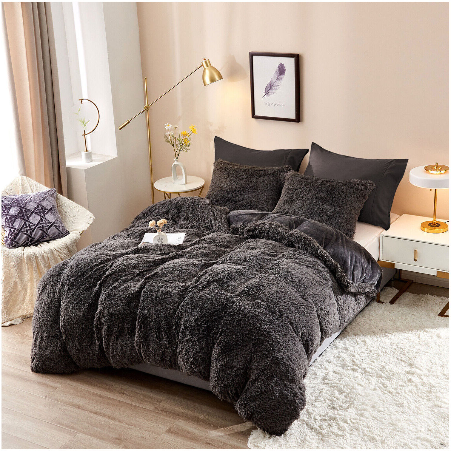 Warm Plush Shaggy Faux Fur Duvet Cover Set Quilt Cover Set with