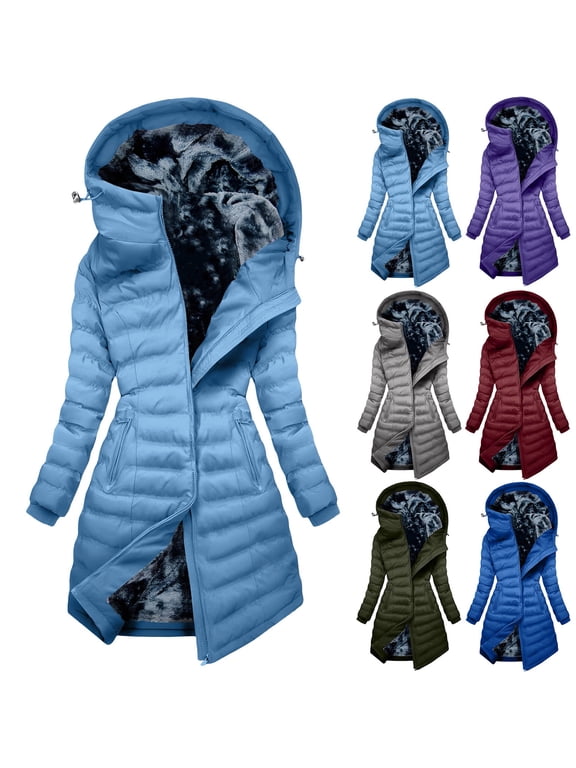 Warm Puffer Coat for Women Colorblock Fashion Fleece Lined Long Quilted Asymmetric Zipper Hooded Slim Fit Windproof Warm Winter Parka Jacket with Multi Zipper Pockets