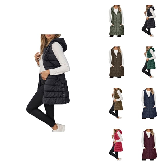 Warm Quilted Down Vest, Sleeveless Hooded Coat with Buttons and Zipper, Solid Color, Long Length