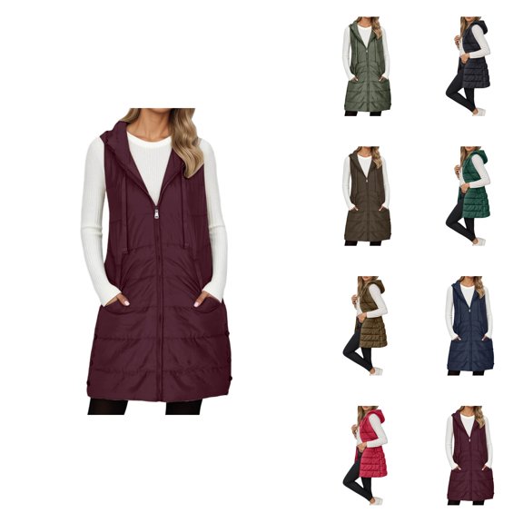 Warm Quilted Down Vest, Sleeveless Hooded Coat with Buttons and Zipper, Solid Color, Long Length