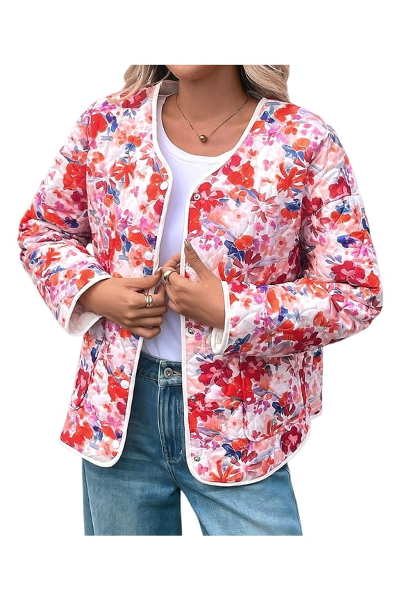 Warm Quilted Jackets for Women Long Sleeve Floral Print Button Down Jacket Coats with Pockets Coral Color L