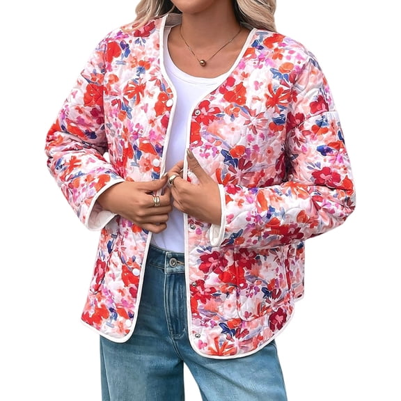Warm Quilted Jackets for Women Long Sleeve Floral Print Button Down Jacket Coats with Pockets Coral Color M