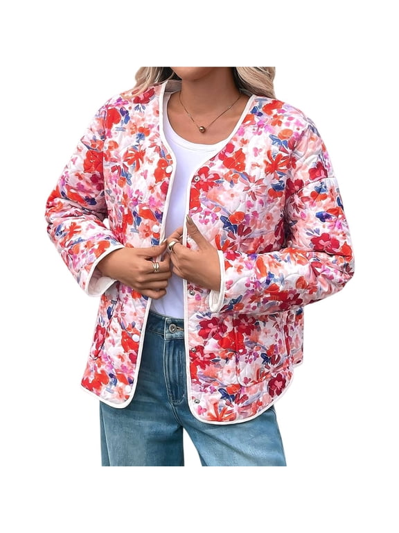 Warm Quilted Jackets for Women Long Sleeve Floral Print Button Down Jacket Coats with Pockets Coral Color S