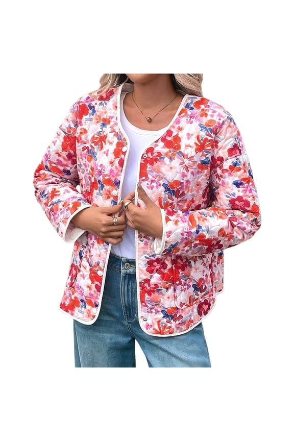 Warm Quilted Jackets for Women Long Sleeve Floral Print Button Down Jacket Coats with Pockets Coral Color XL
