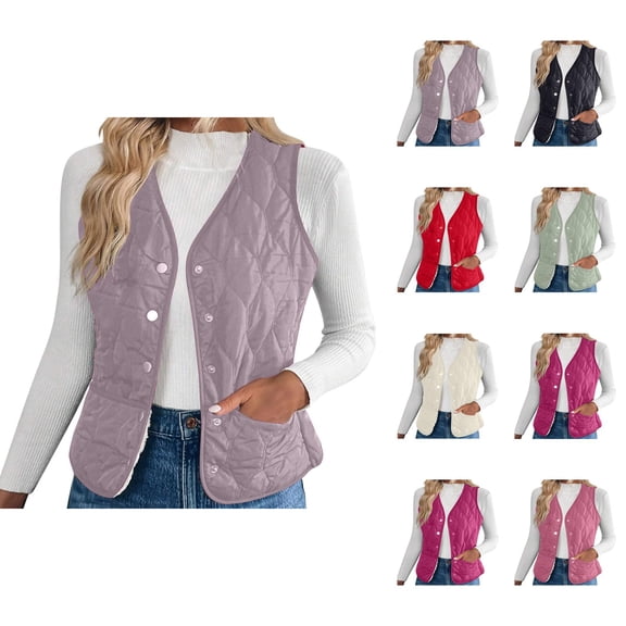 Warm Quilted Vest Lined Short Sleeveless Jacket for Women â Collarless Button-Down Cropped Winter Warm Casual Outwear with Side Pockets, Quilting, 2025 Style