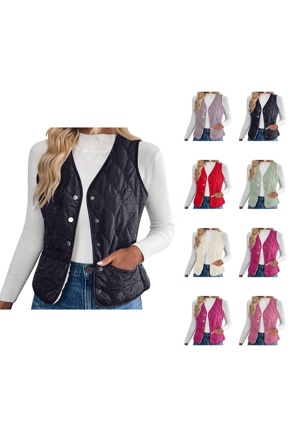 Warm Quilted Vest Lined Short Sleeveless Jacket for Women â Collarless Button-Down Cropped Winter Warm Casual Outwear with Side Pockets, Quilting, 2025 Style