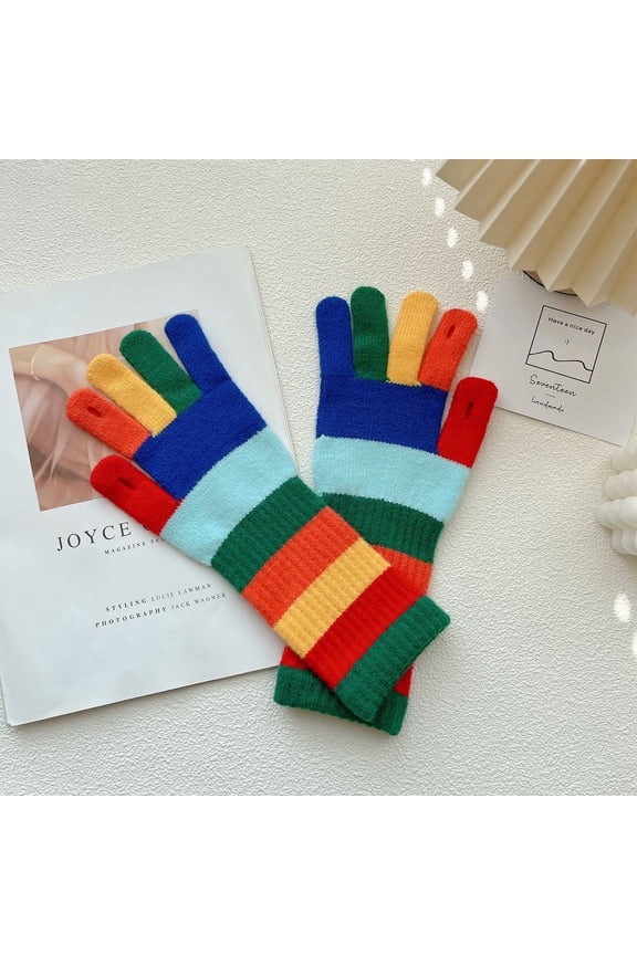 Warm Rainbow Striped Knitted Gloves - Touchscreen Compatible for Winter Sports Running Hiking Skiing Fishing(LR 1 Pair)