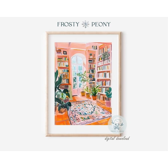 Warm Reading Corner Art Print, Cozy Bookshelves And Plants Art Print, Modern Literary Book Nook Art, Wall Art, Modern Wall Decor, 8x12 UNFRAMED