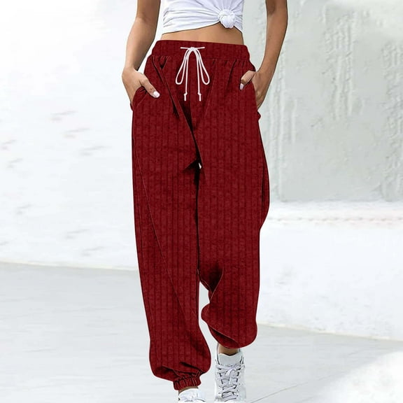 Warm Ribbed Knitted Pants for Women Baggy High Waist Casual Trouser Loose Comfy Sweatpants with Pockets New Womens Workout Pants Loose Wine XXL