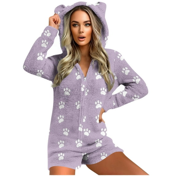 Warm Romper Sleepwear New Women's Warm Hooded Ears Hooded Jumpsuit Printing Long Sleeve Shorts Zipper Jumpsuit Pocket Sleepwear Home Clothes Style B-6 Purple S