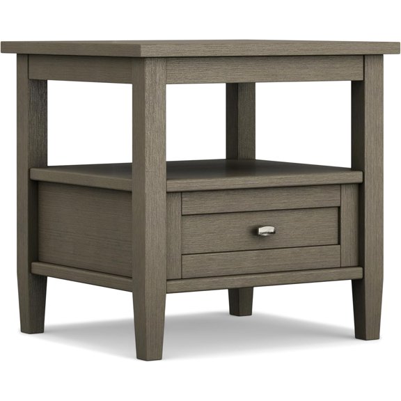 Warm Shaker End Table - 20 inch Wide Solid Wood Side Table in Farmhouse Grey, Transitional Accent Table for Living Room or Bedroom with Drawer, Open Shelf and Square Tapered Legs