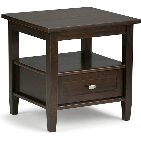 Warm Shaker End Table - 20 inch Wide Solid Wood Side Table in Tobacco Brown, Transitional Accent Table for Living Room or Bedroom with Drawer, Open Shelf and Square Tapered Legs