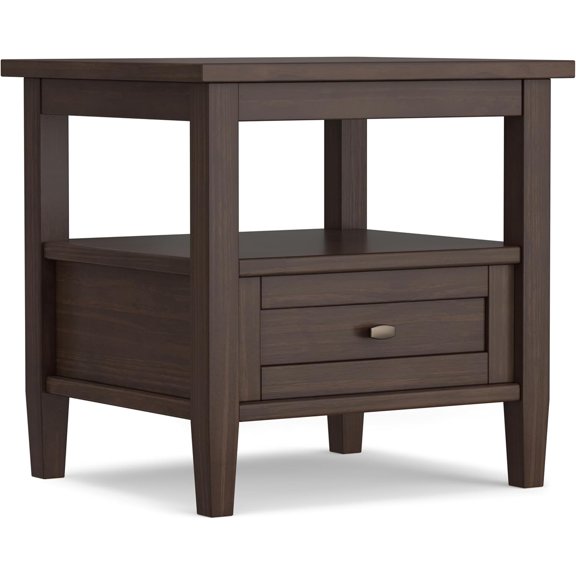 Warm Shaker End Table - 20 inch Wide Solid Wood Side Table in Warm Walnut Brown, Transitional Accent Table for Living Room or Bedroom with Drawer, Open Shelf and Square Tapered Legs
