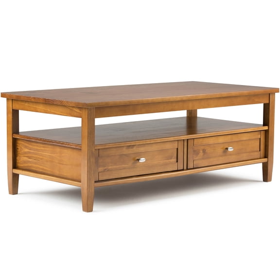 Warm Shaker Light Brown Coffee Table with Storage, Solid Wood Cocktail Table with Drawers and Shelf for Living Room