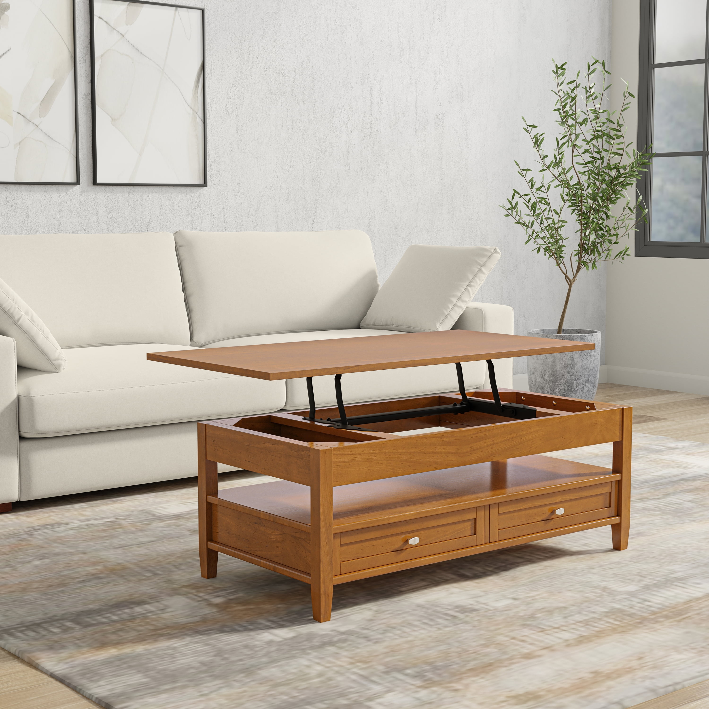 Light Golden Brown Solid Wood Lift-Top Coffee Table with Storage