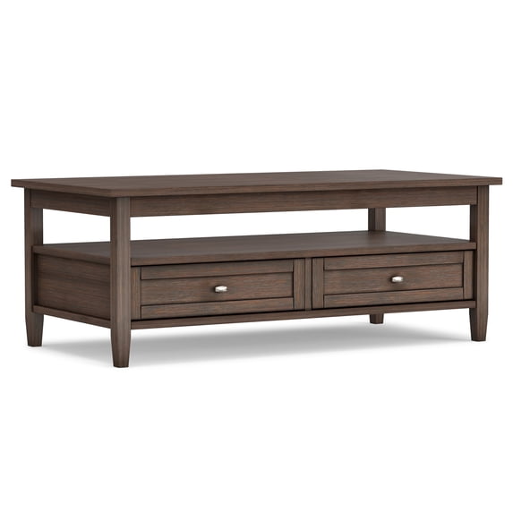 Simpli Home Warm Shaker Solid Wood 48 inch Wide Transitional Coffee Table in Farmhouse Brown
