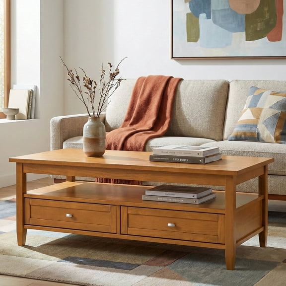 Simpli Home Warm Shaker Solid Wood 48 inch Wide Transitional Coffee Table in Light Golden Brown