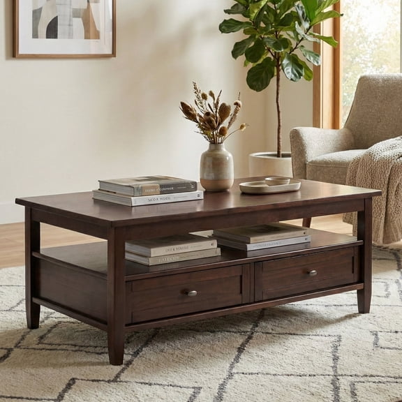 Simpli Home Warm Shaker Solid Wood 48 inch Wide Transitional Coffee Table in Tobacco Brown