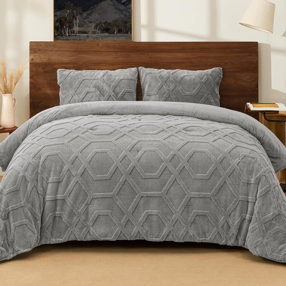 Warm Sherpa Fleece Comforter Set, Tufted Fluffy Grey Bedding for Winter, Soft 2 count Shaggy Bed Set, 1 Comforter (68"x90") and 1 Pillowcase (20"x26")