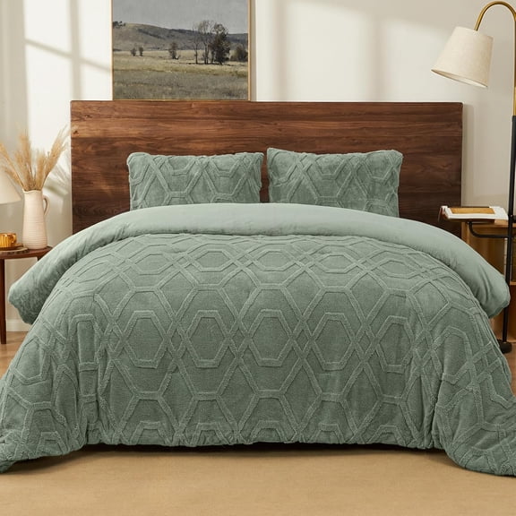 Warm Sherpa Fleece Comforter Set, Tufted Fluffy Sage Bedding for Winter, Soft 2 count Shaggy Bed Set, 1 Comforter (104"x90") and 2 Pillowcases (20"x36")