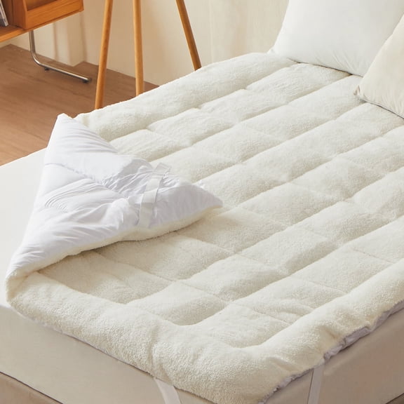 Lakora Warm Sherpa Mattress Topper,Queen Mattress Pad Two-Sided Pillow Top Thick Fleece Soft Mattress Protector, Machine Washable,White