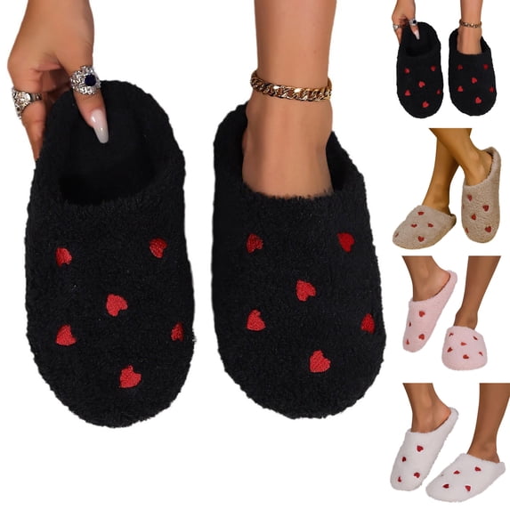 Warm Slippers for Women Fashion Casual Home Indoor and Outdoor Solid Color Heart-Shaped Slippers Plus Velvet Warm Slippers Cute Women's Bedroom Slippers Cozy Winter Soft Bedroom Shoes