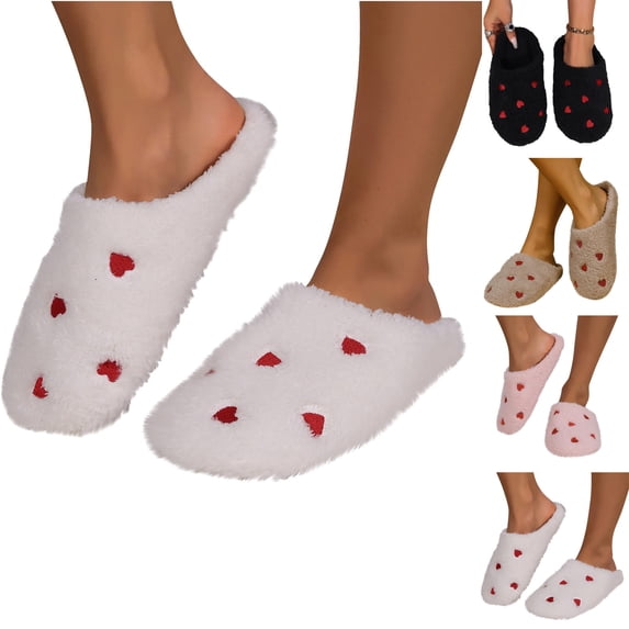 Warm Slippers for Women Fashion Casual Home Indoor and Outdoor Solid Color Heart-Shaped Slippers Plus Velvet Warm Slippers Cute Women's Bedroom Slippers Cozy Winter Soft Bedroom Shoes