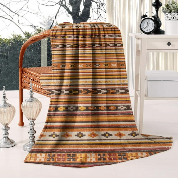 Warm Soft Flannel Boho Striped Throw - 50x60in Blanket for Bed Couch Sofa - Vintage Abstract Lightweight Throw Blankets
