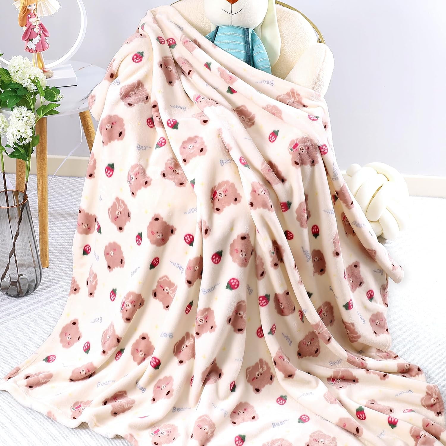 Warm Soft Teenagers Fleece Blankets for Women with Cartoon Bear & Strawberry Pattern Print - Cozy Fuzzy Plush Flannel Users Blanket for Daycare & School - 50x60 inches
