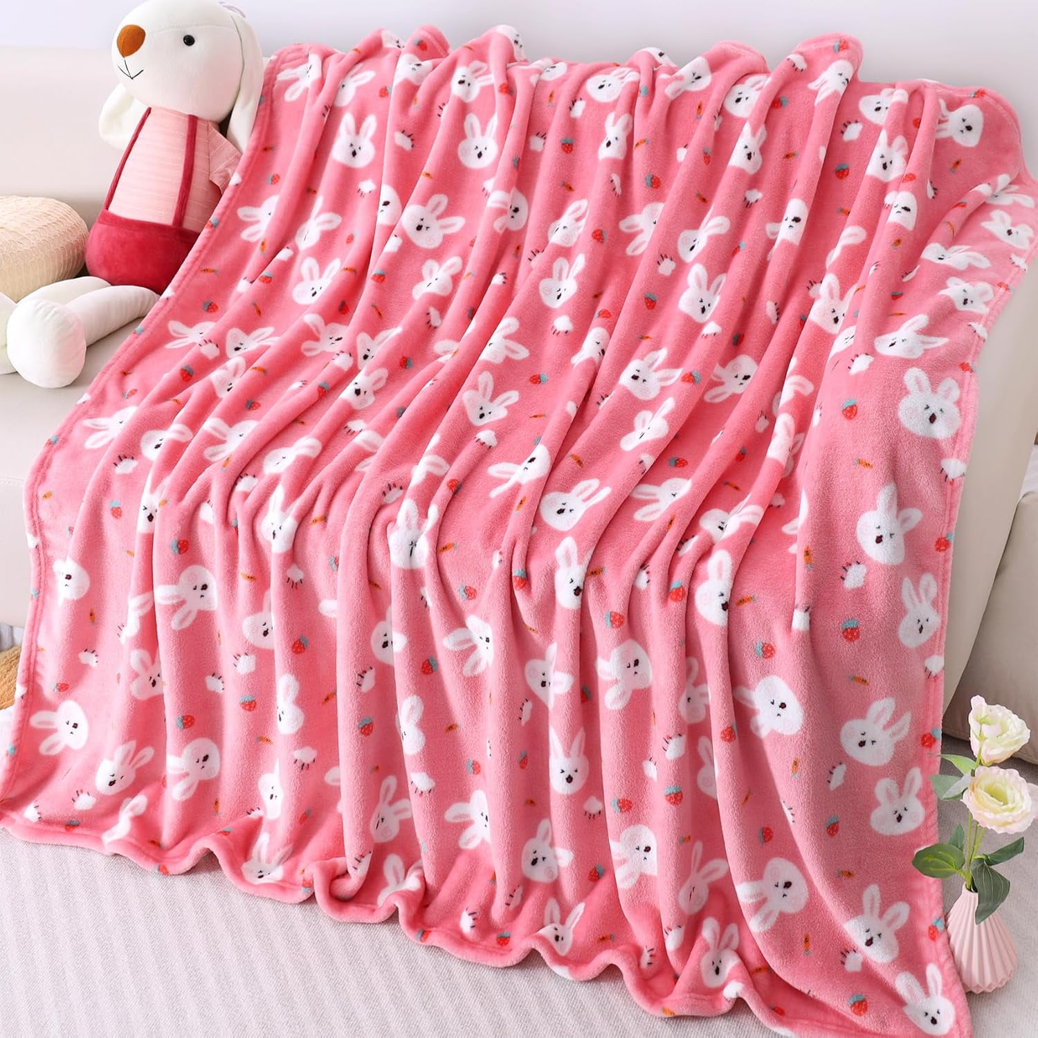 Warm Soft Teenagers Fleece Blankets for Women with Cartoon Bunny Pattern Print - Cozy Fuzzy Plush Flannel Users Blanket for Daycare & School - 50x60 inches (Pink)