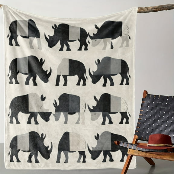Warm and Soft Vintage Rhino Printed Fleece Blanket: Versatile for All Seasons - Suitable for Sofa, Bed, Car, Office, Camping, and Travel - Perfect Gift for Any Occasion