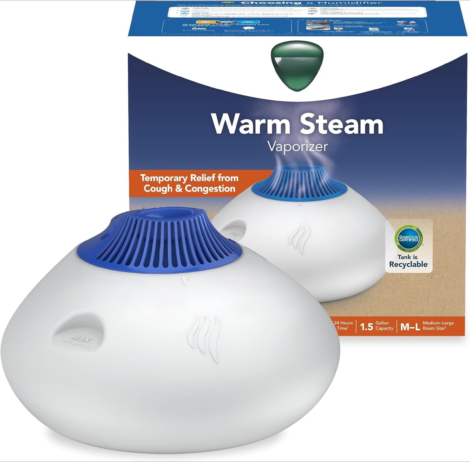 Warm Steam Vaporizer, Small to Medium Rooms, 1.5 Gallon Tank  Warm Mist Humidifier for Baby and Kids Rooms with Night Light, Works with Vicks VapoPads and VapoSteam