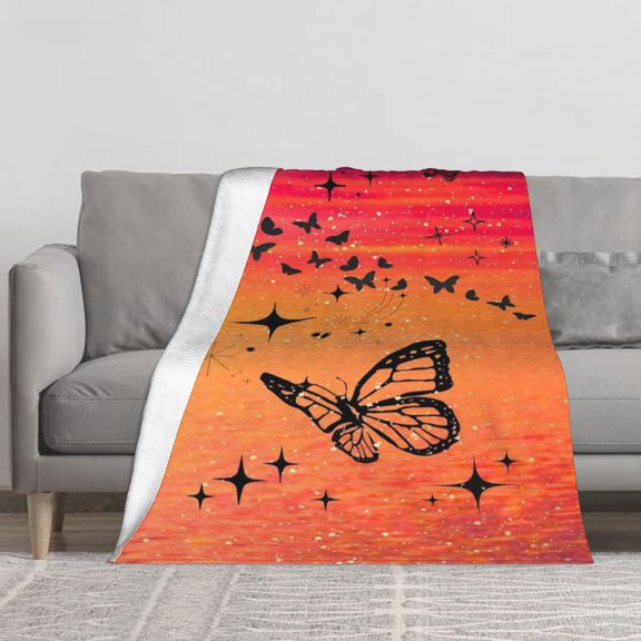Warm Sunset Gradient Butterfly Flannel Throw Blanket, Black Silhouette Butterflies Sparkle Star on Red Orange Watercolor Background Print Soft Cozy Lightweight Blanket for Sofa Bedroom
