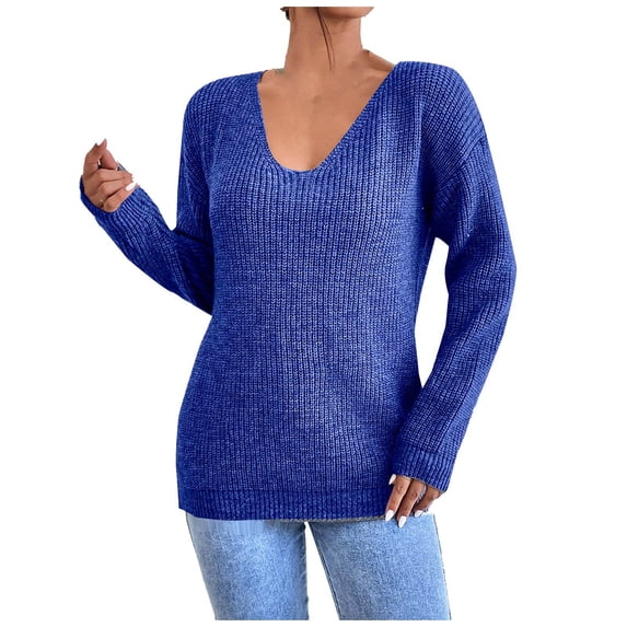 Warm Sweaters For Women Sevevn Women's V Neck Long Sleeve Open Back Knit Loose Oversized Pullover Sweater Top