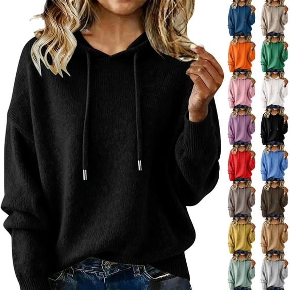 Warm Sweaters for Women Crew Neck Soft Hoodies Fall Winter Cozy Knitted Drawstring Hooded Pullover Black S