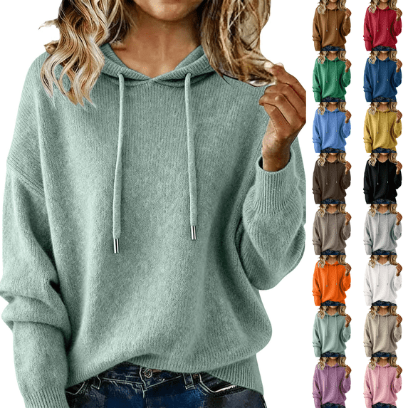 Warm Sweaters for Women Crew Neck Soft Hoodies Fall Winter Cozy Knitted Drawstring Hooded Pullover 2026 Light Green L