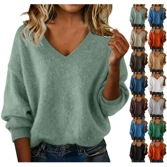 Warm Sweaters for Women Long Sleeve V Neck Classic Soft Pullover Sweater Loose Casual Fall Winter 2025 Camel L