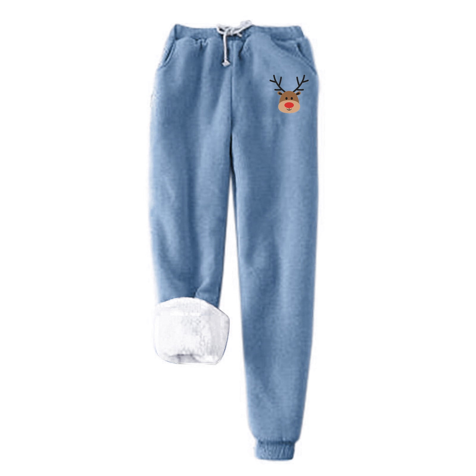 Warm Sweatpants Womens Teen Girls Christmas Print Fuzzy Fleece Lined Winter Active Running Jogger Pants with Pockets