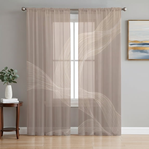 Warm Taupe Line Art Sheer Curtains 84 Inches Long, Modern Abstract Art Luxury Light Filtering Window Curtains for Living Room/Bedroom, Rod Pocket Voile Sheer Curtain Drapes, 52"W x 84"L, 2 Panels