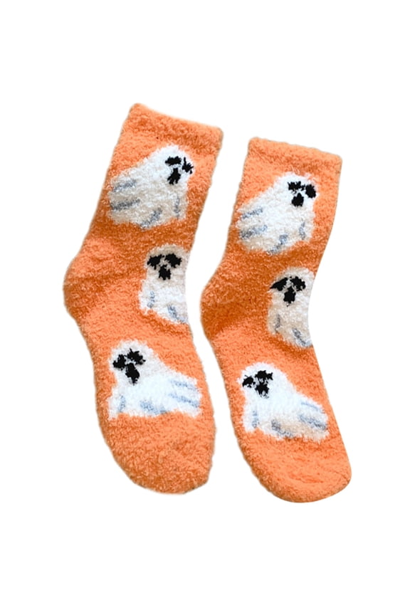 Warm Thermal Coral Fleece Short Socks for Women Funny Halloween Pumpkin Print Seasonal Indoor Sleeping Slipper Socks